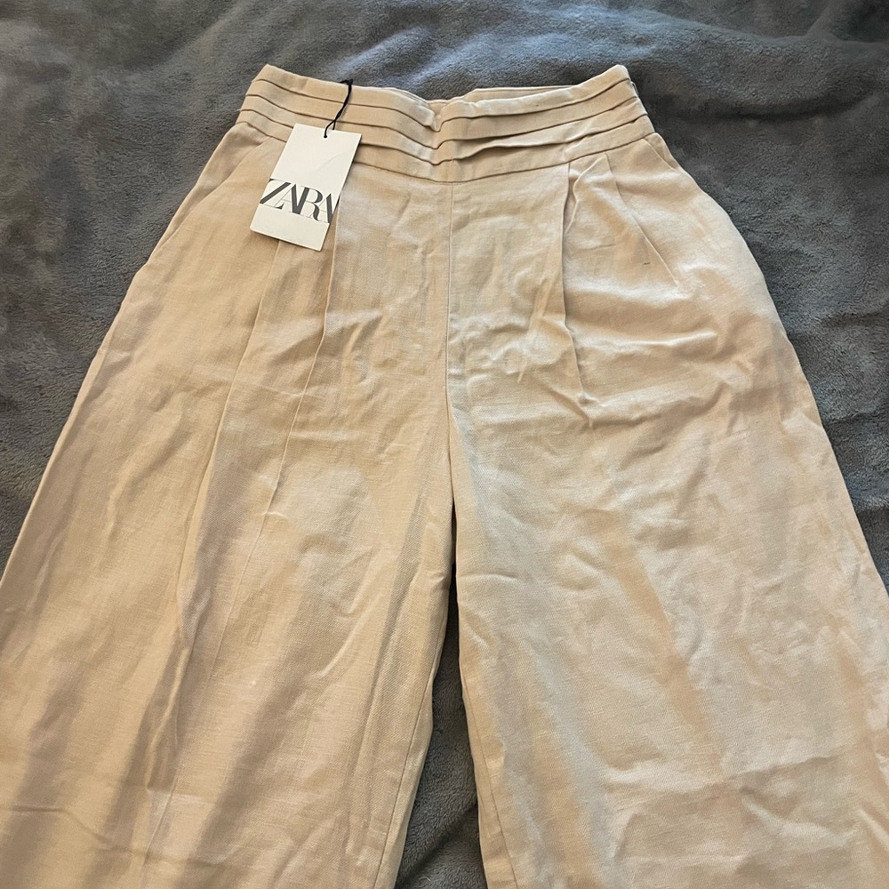 ZARA Wide Leg Linen Blend Pants in Beige